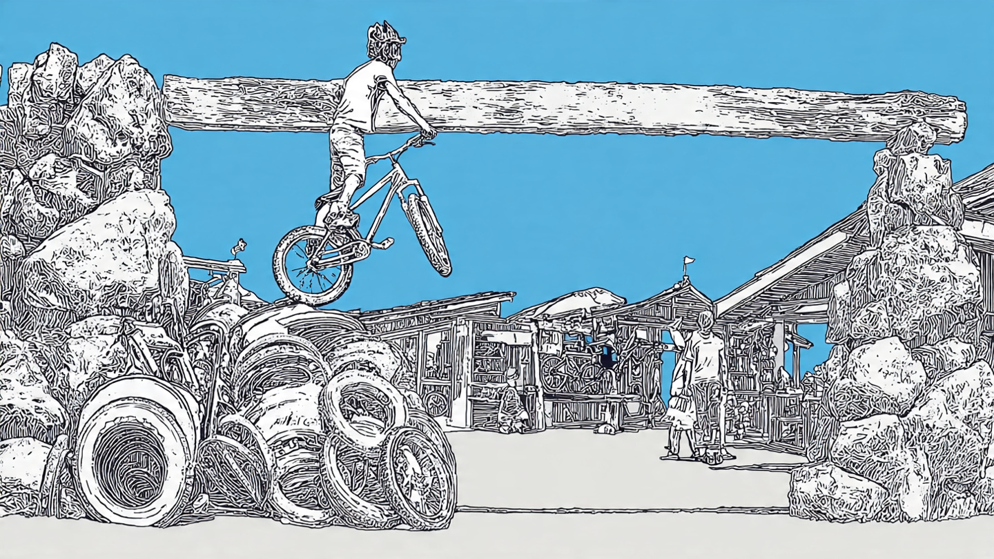 Meta AI Generated image of kid jumping their bike in a junkyard